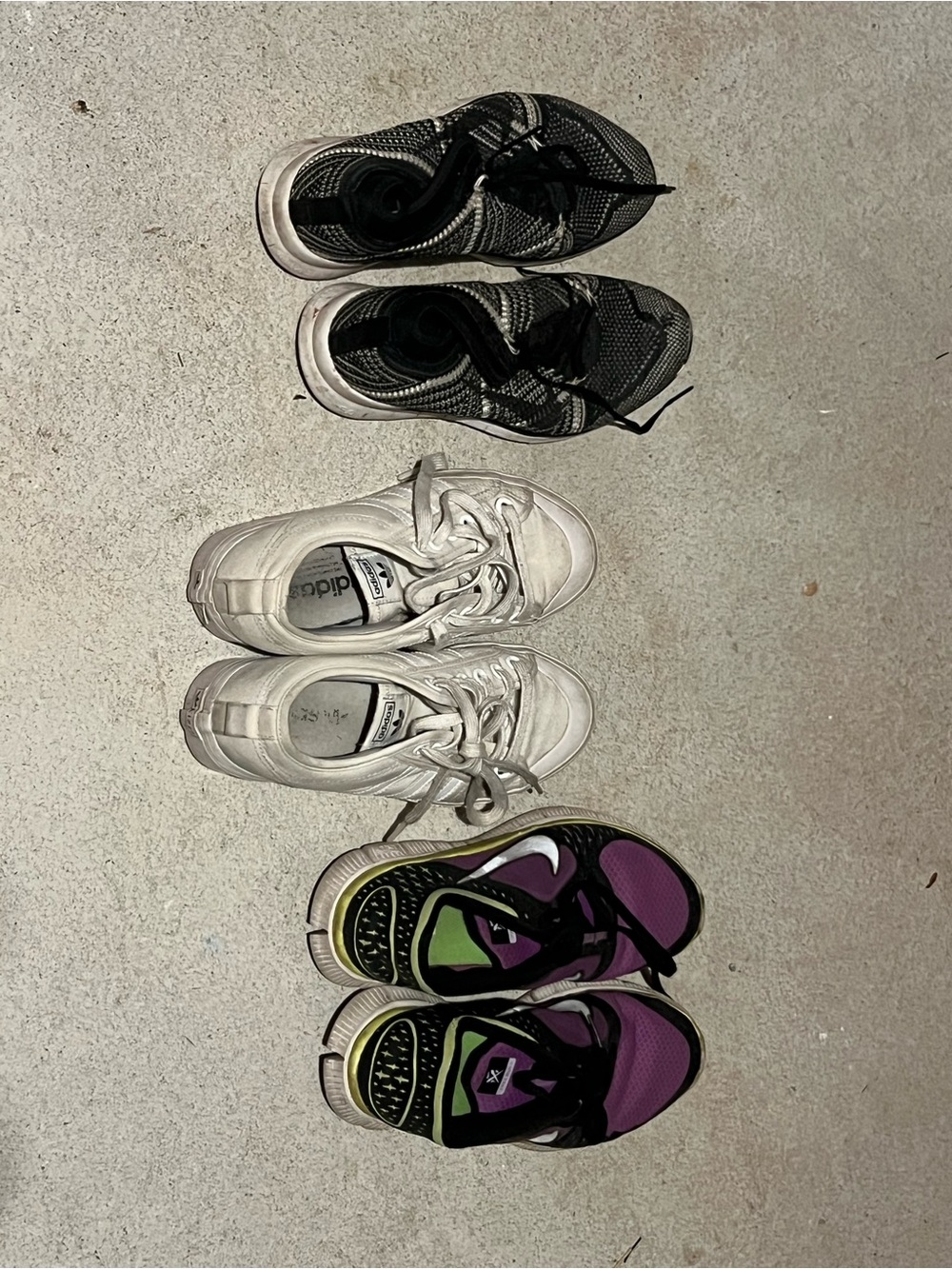 3 for the price of 1! Adidas White Sneakers with Black and Purple Runners!